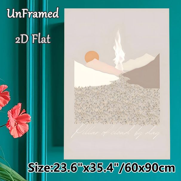 Pillar Of Cloud By Day Themed Painting Poster, Minimalist Neutral-toned Mountain & Sun Scene Poster, Serene Artistic Design Ideal For Living Room_maomaolike.com