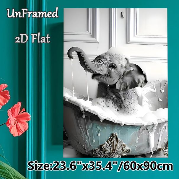 Elephant Bath Themed Painting Poster, Monochrome Whimsical Poster, Playful Elephant In Vintage Bathtub With Foam Design, Brings Lighthearted Charm_maomaolike.com
