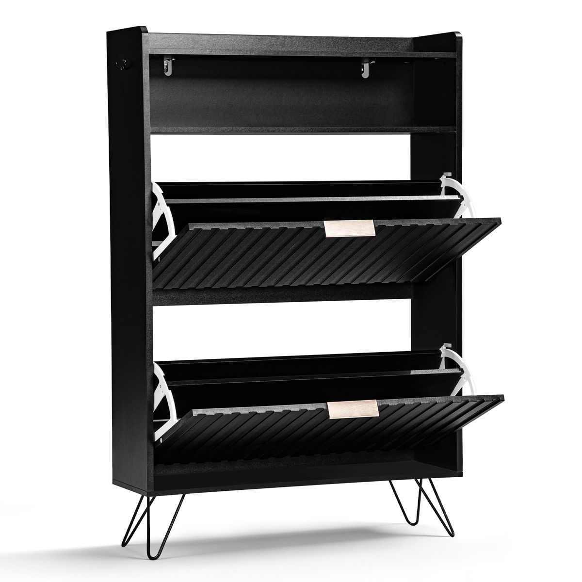 two Compartments Two Hooks Side Panels Slatted Front Panel Shoe Racks Cabinets With Top Flip-up Lids_maomaolike.com