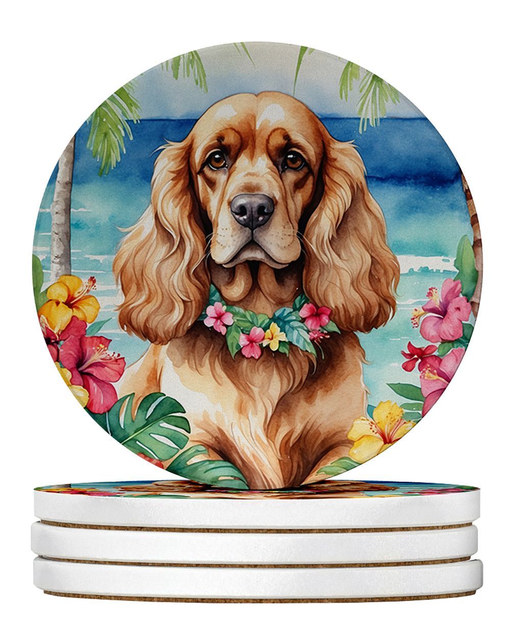 Cocker Spaniel Luau Large Sandstone Coasters Pack Of 4 Absorbent Round Coasters Decor Gifts For Men Or Women, 4 In, Multicolor_maomaolike.com