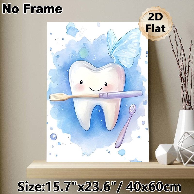 Tooth Fairy Themed Painting Poster, Gentle Watercolor Cute Smiling Tooth With Toothbrush & Butterfly Poster, Cheerful Dental Decor Ideal For Dental_maomaolike.com