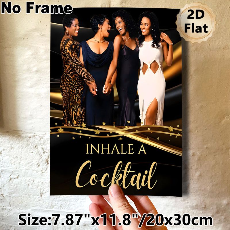 Glamorous "Inhale A Cocktail" Female Gathering Painting Poster, Elegant Golden & Black Glam Scene Poster, Stylish Lively Design Ideal For Bar, Living_maomaolike.com