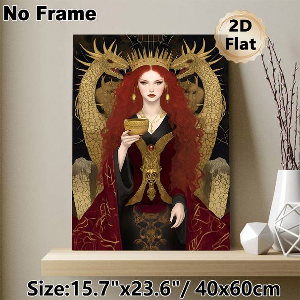 Dark Fantasy Queen & Dragon Painting Poster, Luxurious Gothic Style Poster, Mysterious Ornate Design With Red-haired Queen Holding Golden Cup, Ideal_maomaolike.com