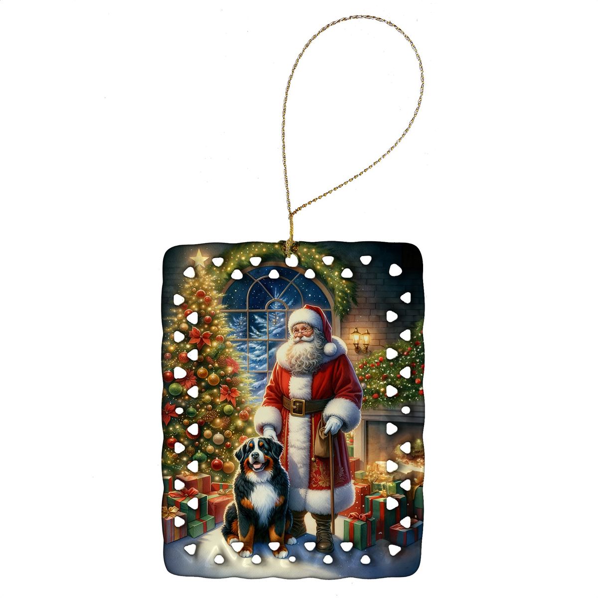 Bernese Mountain Dog And Santa Claus Porcelain Ornament Christmas Tree Hanging Decorations For Home Christmas Holiday, Rectangle, Gift, Multicolor_maomaolike.com