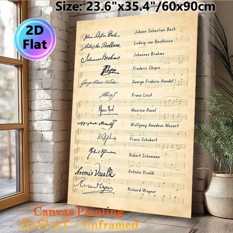 Famous Composers Signature & Sheet Music Painting Poster, Vintage-style Retro Composer Signatures With Musical Notes Poster, Brings Artistic Musical_maomaolike.com