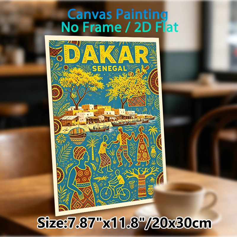 Dakar Senegal Folk Style Painting Poster, Vibrant Ethnic Art Scene Poster, Captures Authentic Local Village & Waterfront Life, Ideal For Home Wall_maomaolike.com