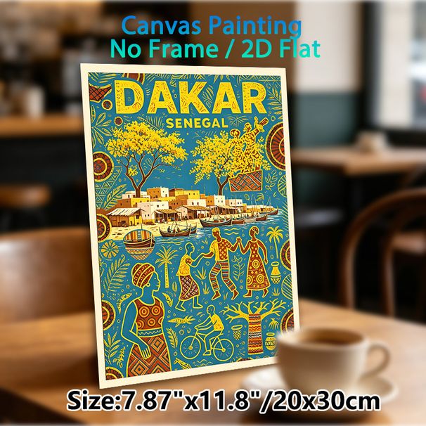 Dakar Senegal Folk Style Painting Poster, Vibrant Ethnic Art Scene Poster, Captures Authentic Local Village & Waterfront Life, Ideal For Home Wall_maomaolike.com