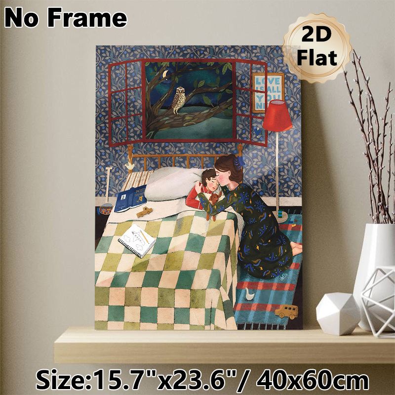 Bedtime Mother And Child Painting Poster, Warm Whimsical Cozy Night Bedroom Scene Poster, Heartwarming Intimate Design Suitable For Bedroom Wall Decor_maomaolike.com