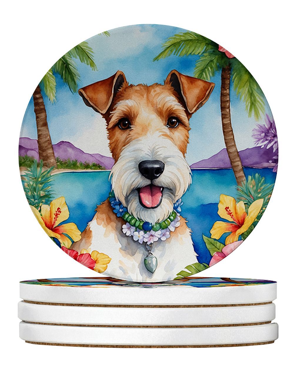 Fox Terrier Luau Large Sandstone Coasters Pack Of 4 Absorbent Round Coasters Decor Gifts For Men Or Women, 4 In, Multicolor_maomaolike.com
