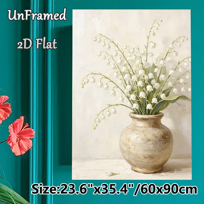 Lily Of The Valley Floral Still Life Painting Poster, Soft-hued Textured Oil Painting Style Poster, Elegant Calming Decor Ideal For Living Room_maomaolike.com