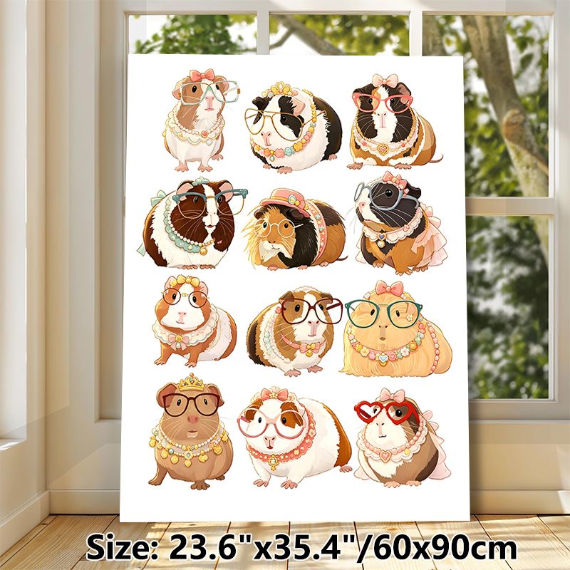 Guinea Pig Themed Painting Poster, Cute Cartoon Stylish Guinea Pigs With Glasses & Ornaments Poster, Lovely Decorative Artwork Suitable For Bedroom_maomaolike.com