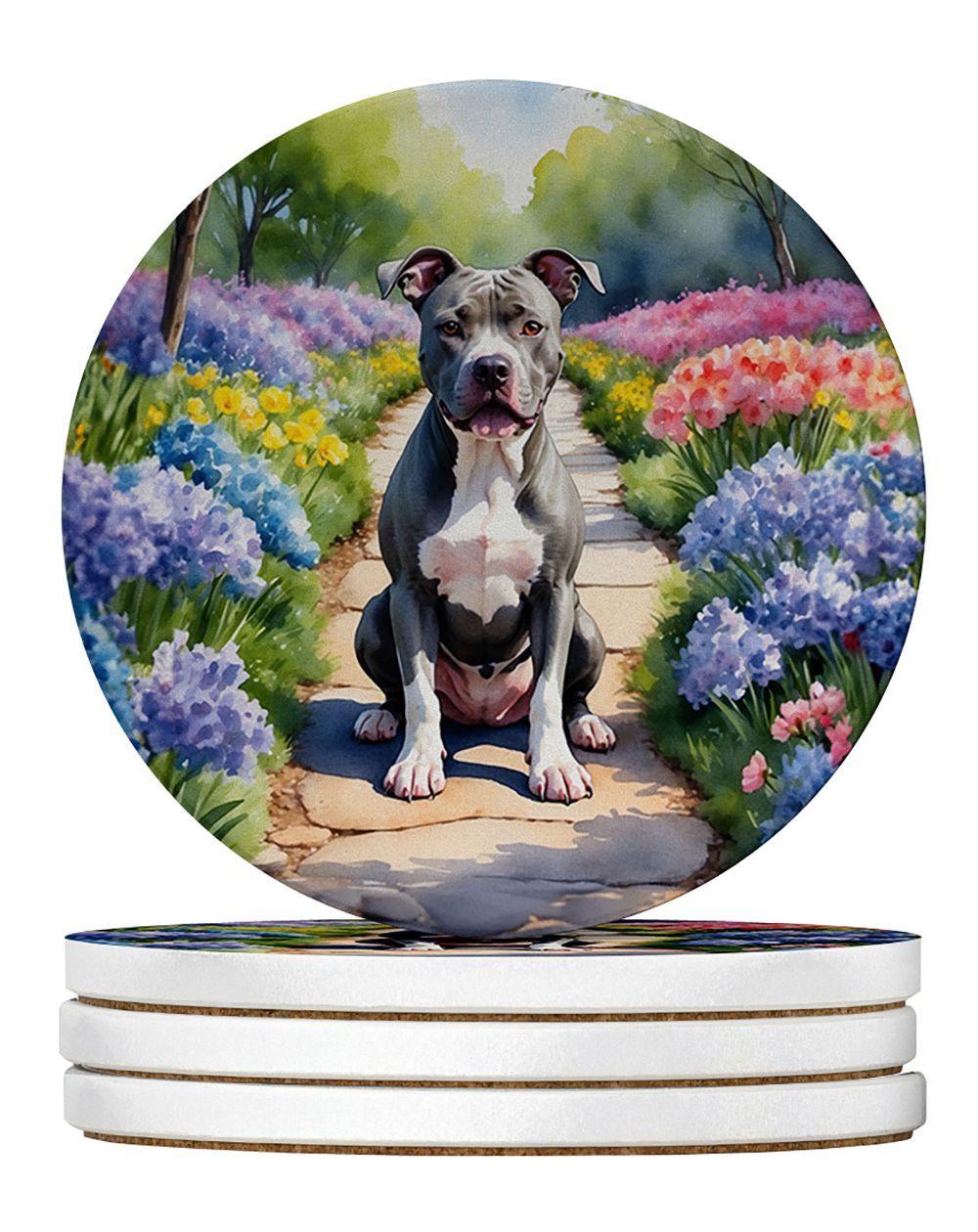 Pit Bull Terrier Spring Path Large Sandstone Coasters Pack Of 4 Absorbent Round Coasters Decor Gifts For Men Or Women, 4 In, Multicolor_maomaolike.com