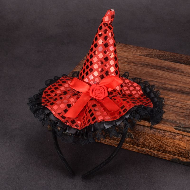 Unisex Halloween witch pointed hat sequined headband decorated Halloween dance performance witch hat bow lace hair._maomaolike.com