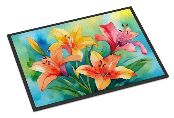 Lilies In Watercolor Doormat Front Door Mat Indoor Outdoor Rugs For Entryway, Non Slip Washable Low Pile, 24H X 36W_maomaolike.com