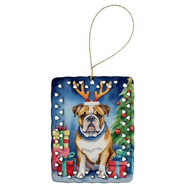 English Bulldog Christmas Reindeer Porcelain Ornament Christmas Tree Hanging Decorations For Home Christmas Holiday, Rectangle, Gift, Multicolor_maomaolike.com