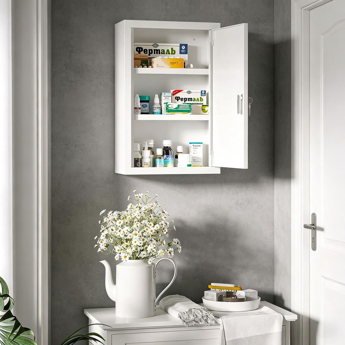 12" X 18" Lockable Medicine Cabinet, 3 Tier Steel Medical Wall Box With 2 Keys And Shelves_maomaolike.com