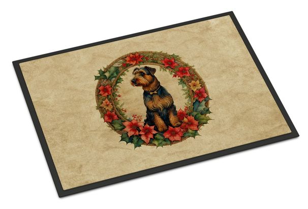 Airedale Terrier Christmas Flowers Doormat Front Door Mat Indoor Outdoor Rugs For Entryway, Non Slip Washable Low Pile, 24H X 36W_maomaolike.com