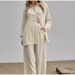 Women's Clothing long sleeved temperament commuter skin color linen solid color slit long shirt and wide leg pants set_maomaolike.com