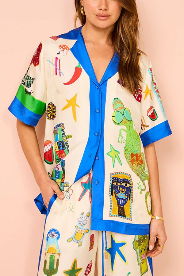 Women's Clothing graffiti print satin short-sleeved lapel shirt + trousers casual two-piece suit_maomaolike.com