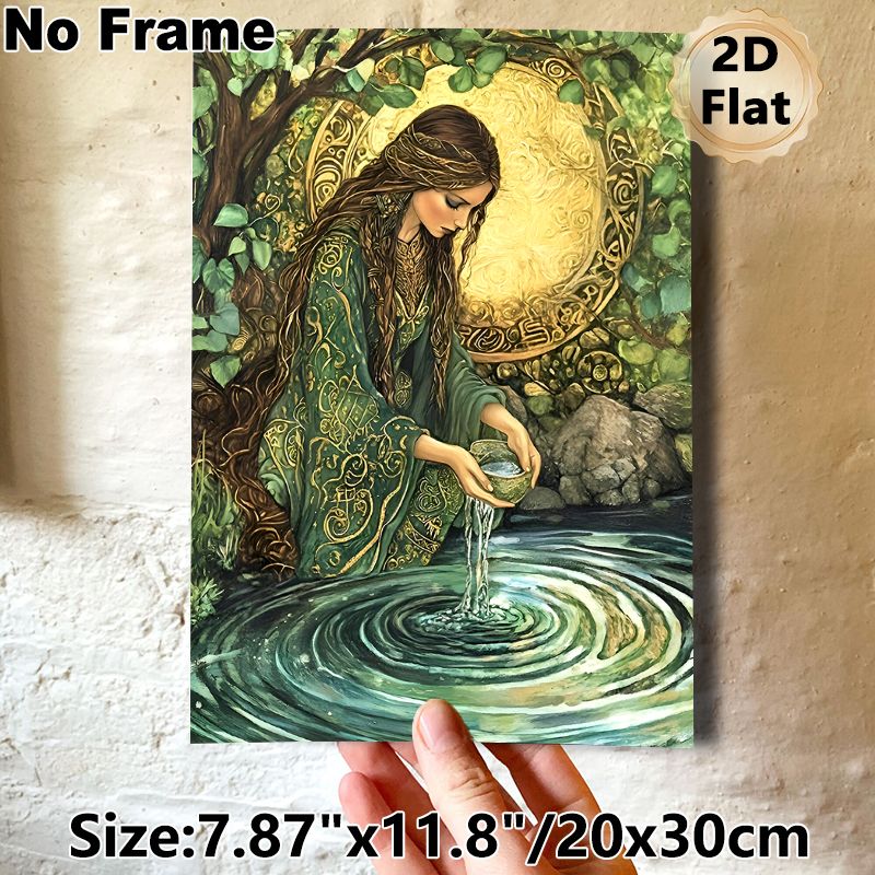 Forest Goddess Painting Poster, Mystical Intricate Vintage Art Poster, Serene Forest Scene With Goddess Pouring Water, Ideal For Living Room And_maomaolike.com