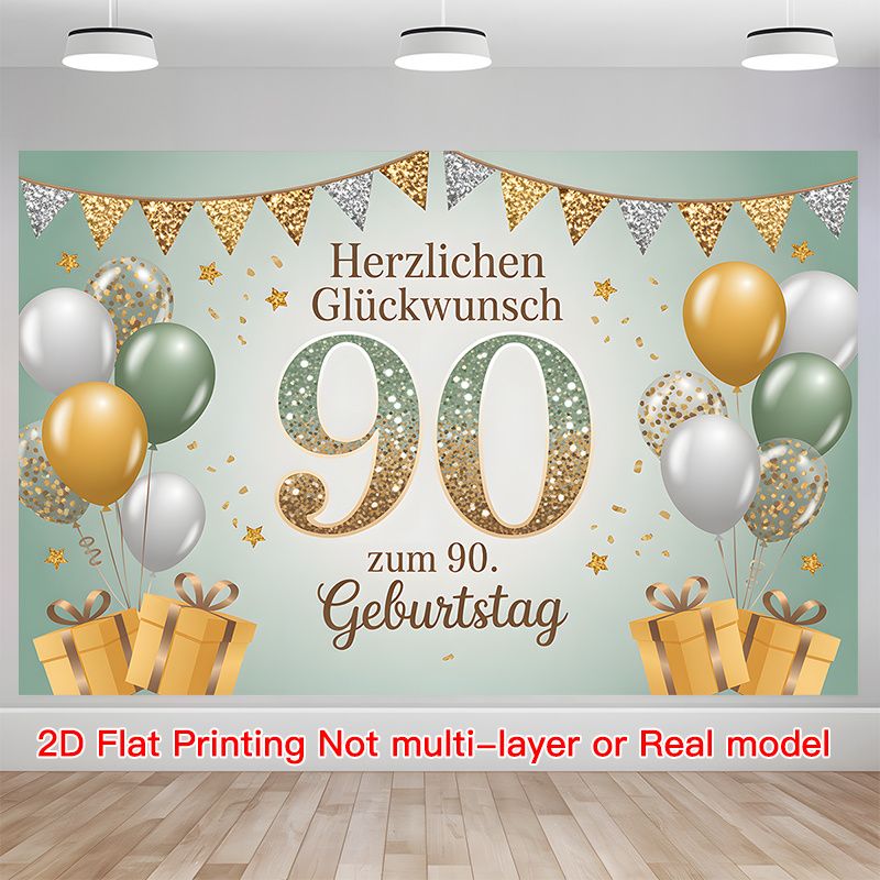 90th Birthday Party Banner - 2D Flat Polyester Backdrop With Crown Balloon Theme, Wall Hanging Photo Props, Party Decor_maomaolike.com