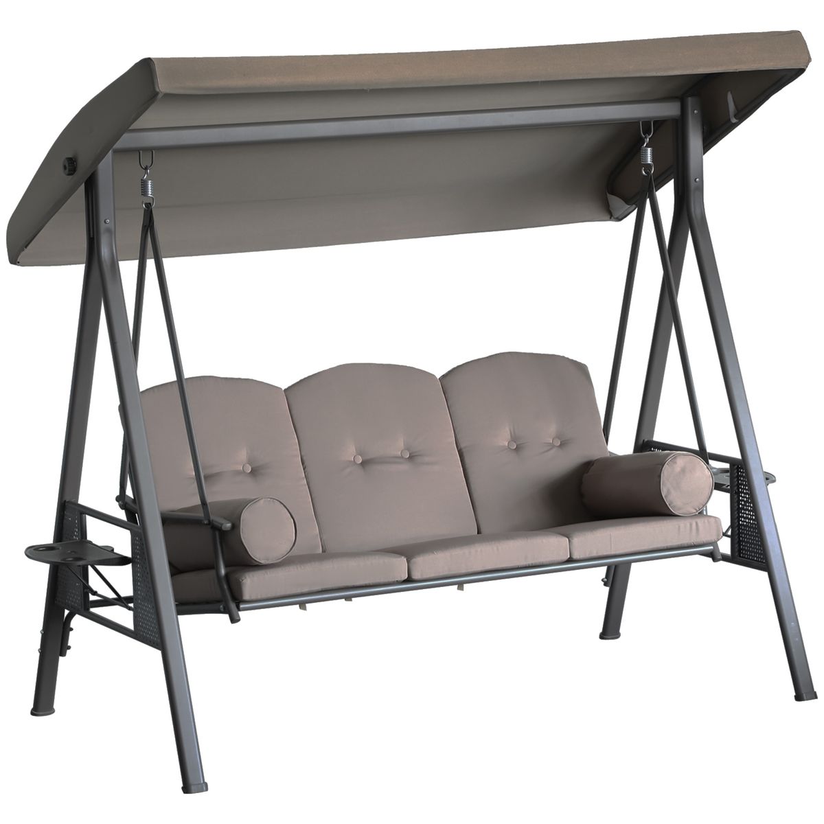 Patio Swing Bench 3-Person Steel Canopy Cushioned With Side Trays Comfortable Brown_maomaolike.com