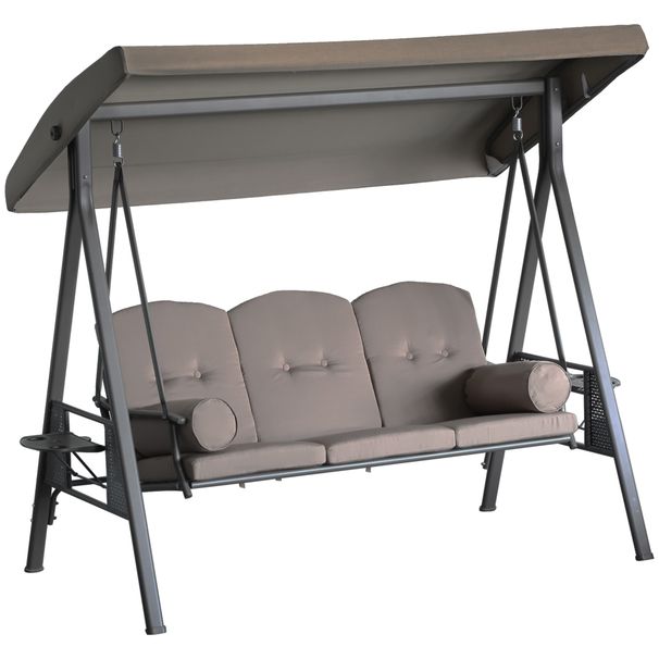 Patio Swing Bench 3-Person Steel Canopy Cushioned With Side Trays Comfortable Brown_maomaolike.com