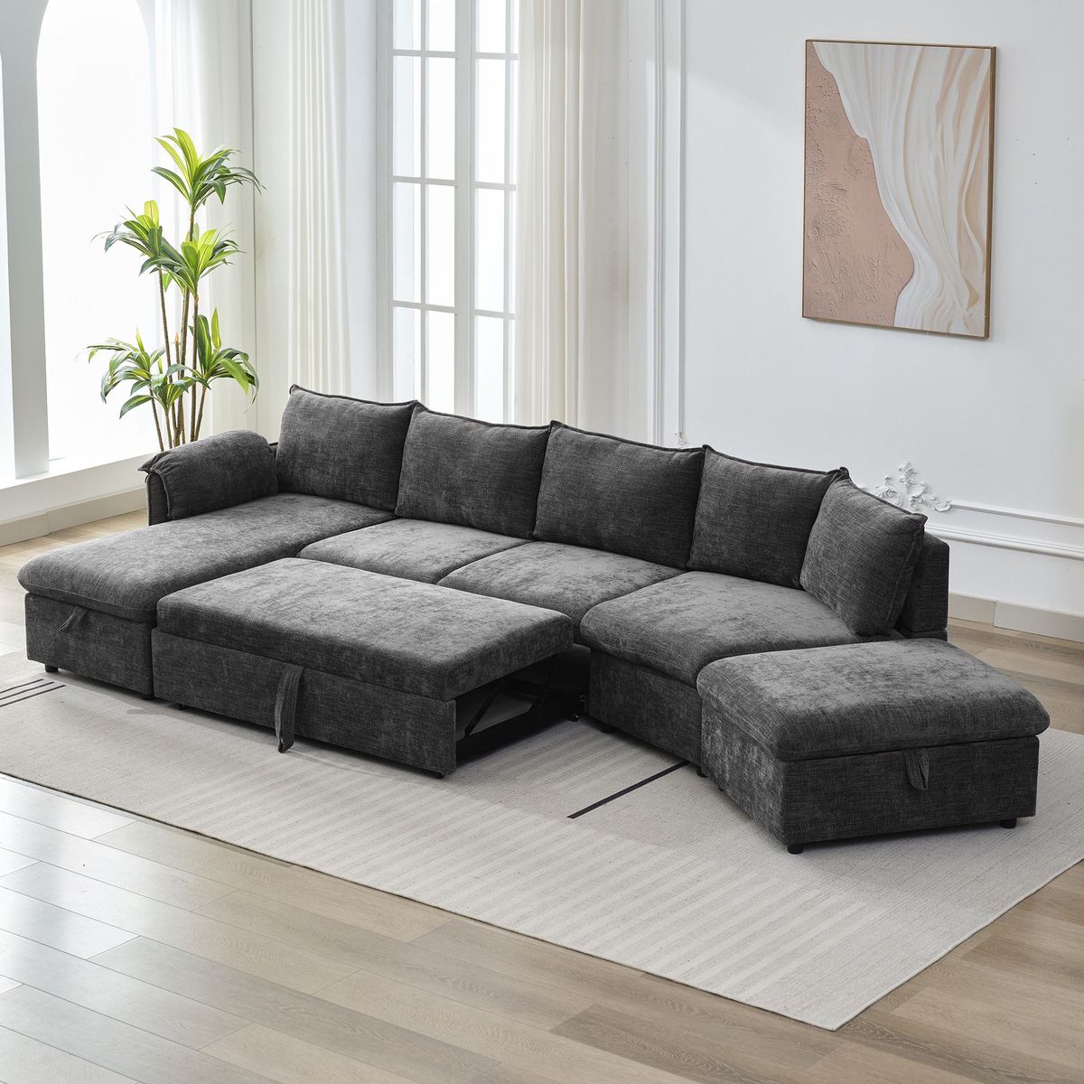 146.9" L-shaped Sofa Sectional Sofa Couch Pull-out Sofa Bed With A Movable Storage Ottoman, A Storage Chaise Lounge And Two USB Ports For Living Room_maomaolike.com
