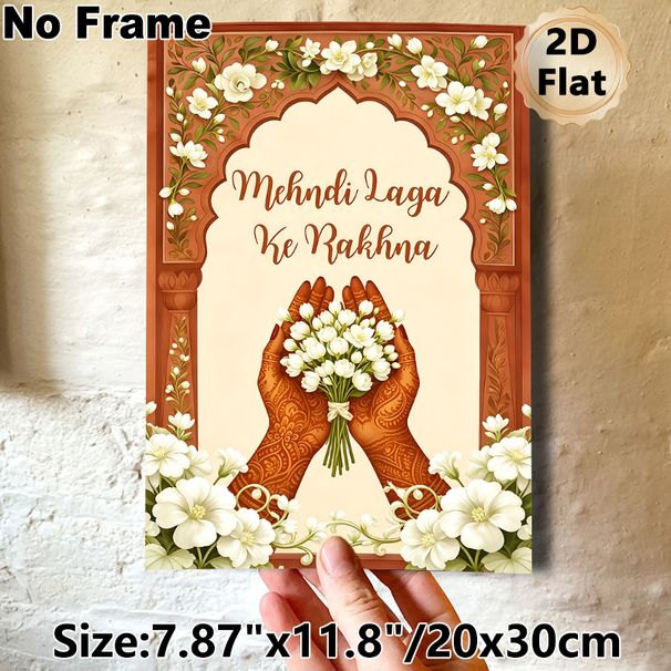 Mehndi Themed Painting Poster, Exquisite Traditional Indian Style Poster, Henna-decorated Hands Holding Jasmine Blooms With Ornate Arched Floral_maomaolike.com