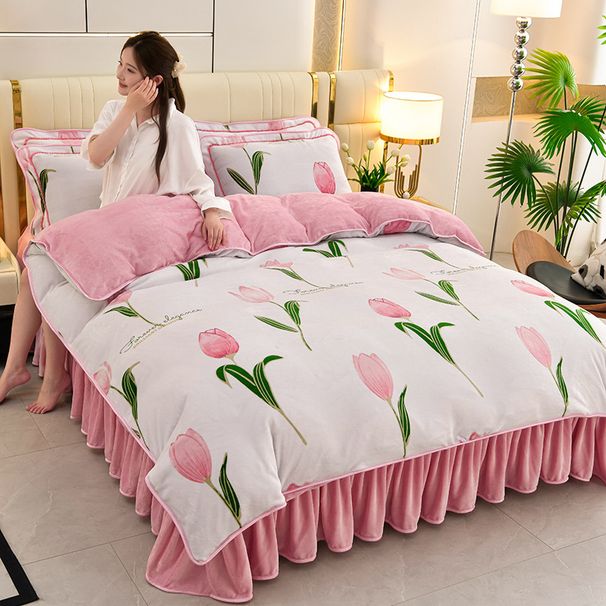Thickened Milk Velvet Coral Winter Double-Sided Quilt Cover Flannel Bed Skirt Warm Fleece Four-Piece Set_maomaolike.com
