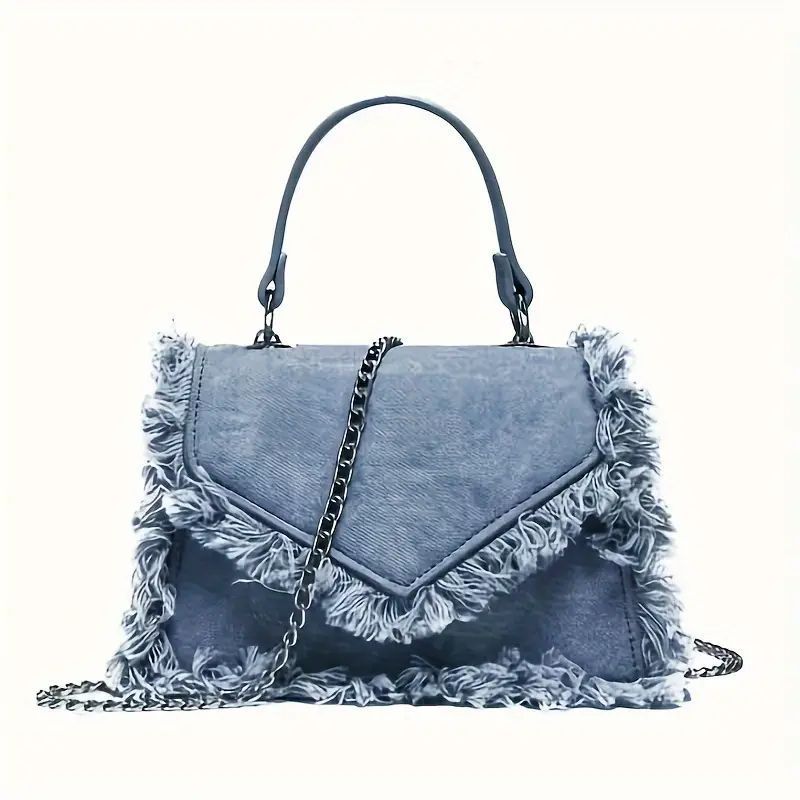 Women Mini Top Handle Raw Trim Shoulder Bags Denim Crossbody Jean Purse_maomaolike.com