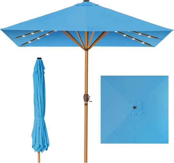 9ft Deep Square Solar Powered LED Lighted Patio Umbrella W/Faux Wood Texture, UV-Resistant Fabric, Hand Crank_maomaolike.com