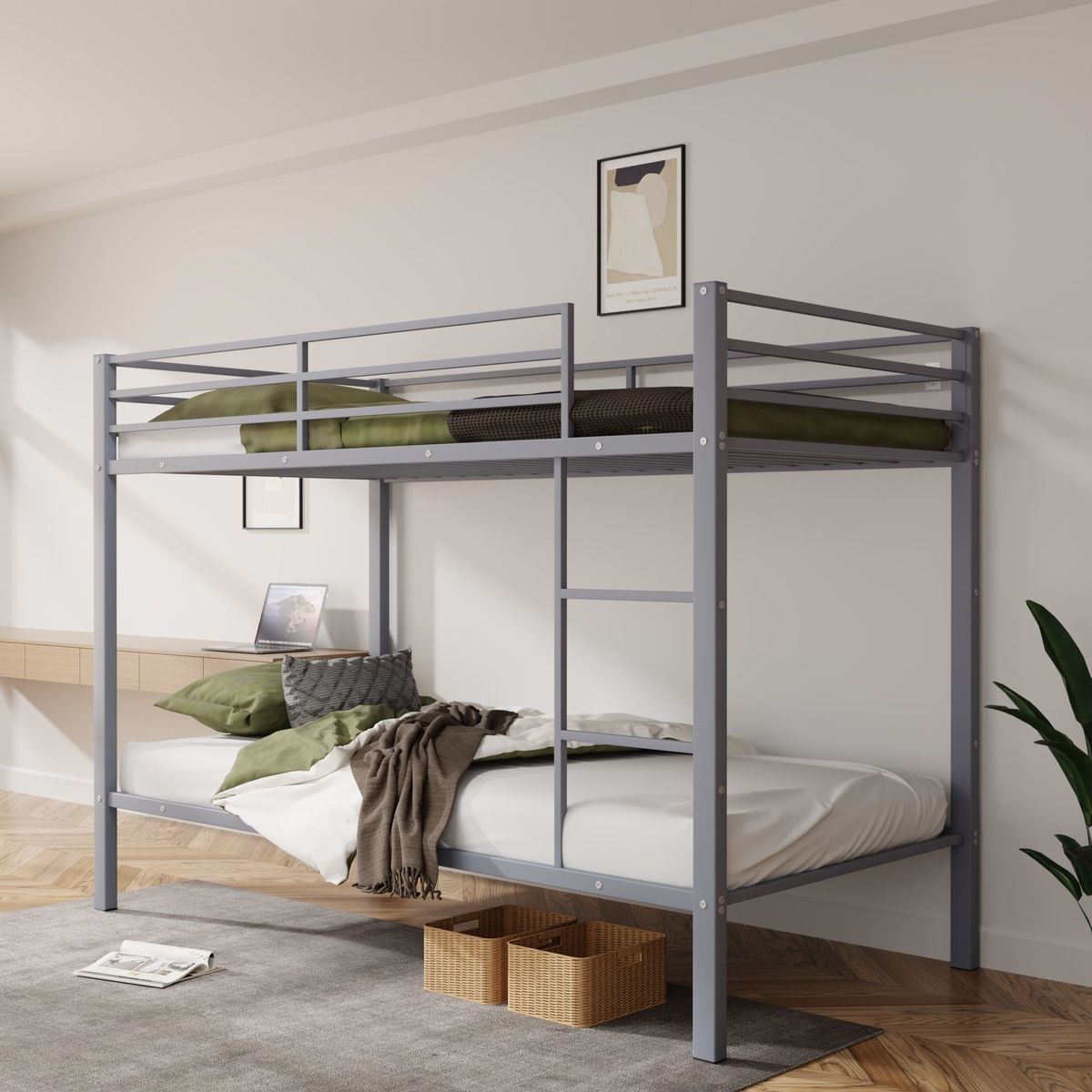Metal Bunk Bed Twin Over Twin, Low Profile Bunk Bed Frame WithBuilt-in Ladder, High Guardrail And Metal Slats, Space-Saving Twin Size Bed Frame For Kids Teens, No Box Spring Required, Gray_maomaolike.com
