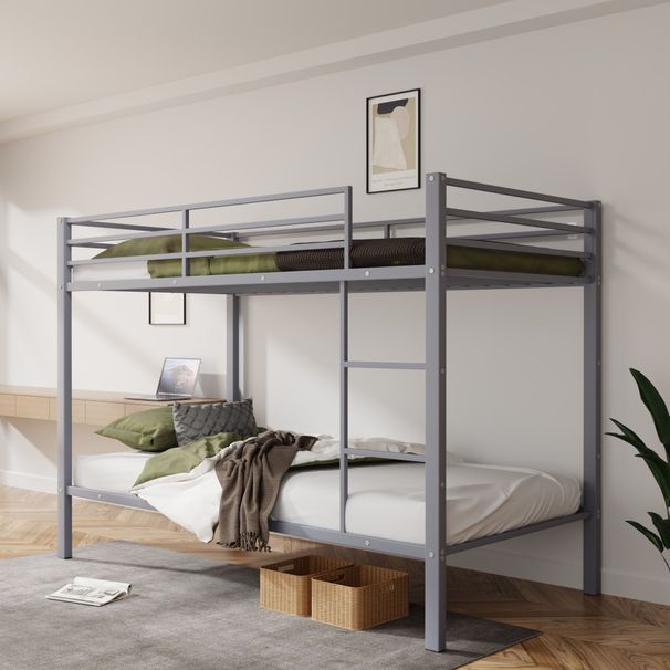 Metal Bunk Bed Twin Over Twin, Low Profile Bunk Bed Frame WithBuilt-in Ladder, High Guardrail And Metal Slats, Space-Saving Twin Size Bed Frame For Kids Teens, No Box Spring Required, Gray_maomaolike.com