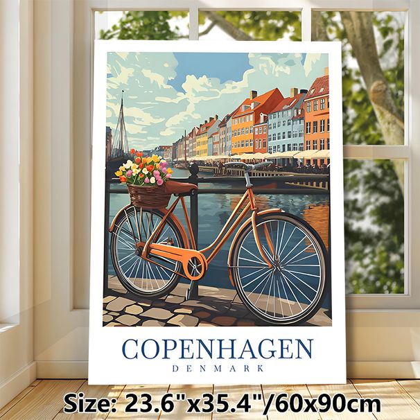 Copenhagen Bicycle Painting Poster, Vibrant Retro Canal-side Town Scene Poster, Cozy Nostalgic Decor Option For Living Room, Bedroom And Entryway_maomaolike.com