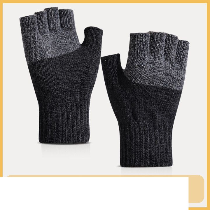 Men's autumn and winter color matching plus size knitted thick warm finger cold proof wool outdoor sports cycling gloves_maomaolike.com