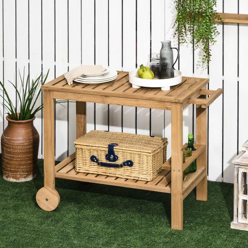 Outsunny Outdoor Bar Cart, Wood Rolling Home Bar & Serving Cart With 2 Shelves, Wine Bottle Holders For Garden, Dining Room, Natural_maomaolike.com