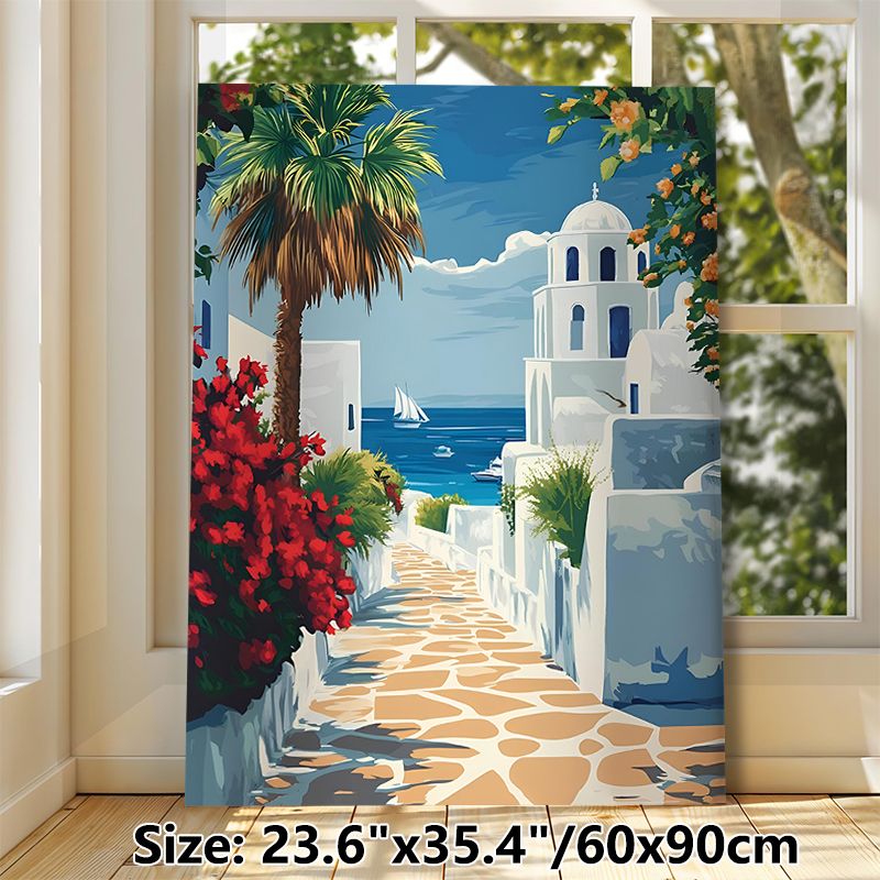 Mediterranean Coastal Town Painting Poster, Vibrant Idyllic Coastal Scene Poster, Infuses Tranquil Seaside Atmosphere, Ideal For Living Room, Bedroom_maomaolike.com