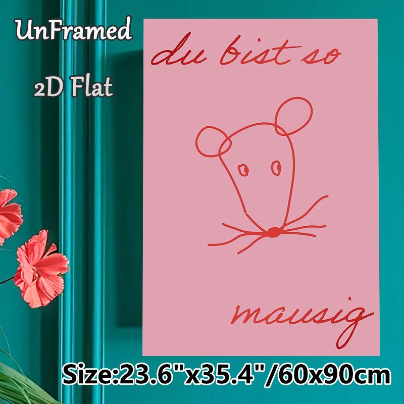 Mouse Themed Painting Poster, Soft Pink Background Red Line Art Mouse Poster, Simple Cute Design, Ideal For Bedroom And Living Room Wall Decor_maomaolike.com