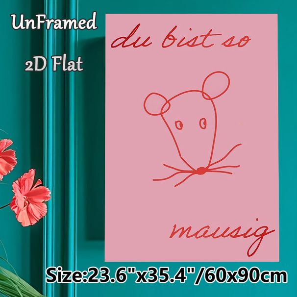 Mouse Themed Painting Poster, Soft Pink Background Red Line Art Mouse Poster, Simple Cute Design, Ideal For Bedroom And Living Room Wall Decor_maomaolike.com