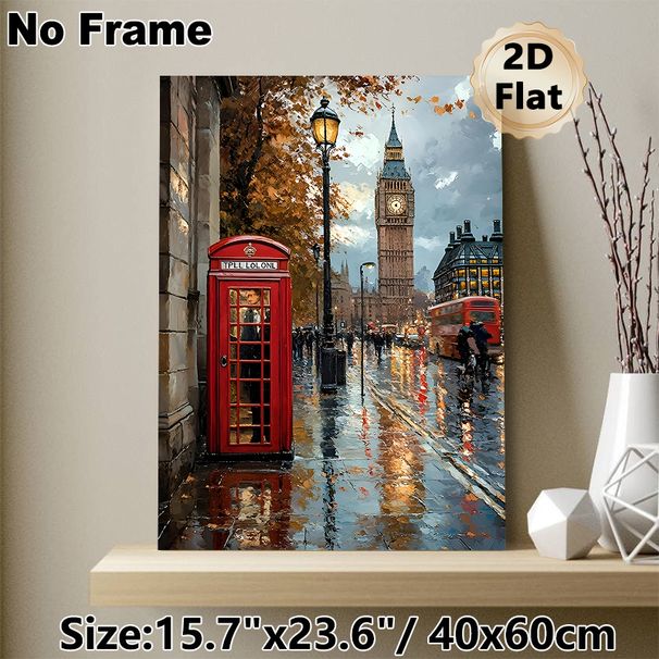 London Street Scene Painting Poster, Vibrant Oil-style Rainy Autumn Cityscape Poster, Captivating Urban View With Iconic Red Phone Booth & Big Ben_maomaolike.com