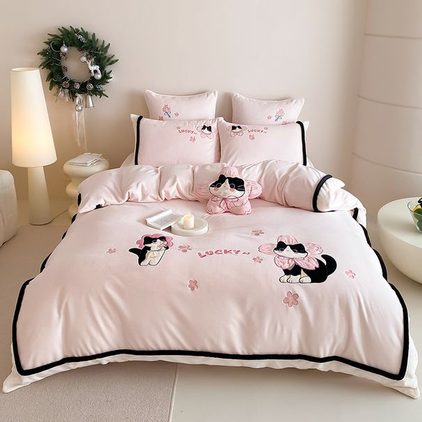 Girlish Heart Autumn Winter Thickened Milk Velvet Four-Piece Set Cute Cat Embroidery Duvet Cover 1.8m Ultra Soft Bedding_maomaolike.com