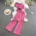 Women's Clothing elegant short sleeved oblique collar, off shoulder waisted short top, two piece suit, high waist wide leg pants_maomaolike.com