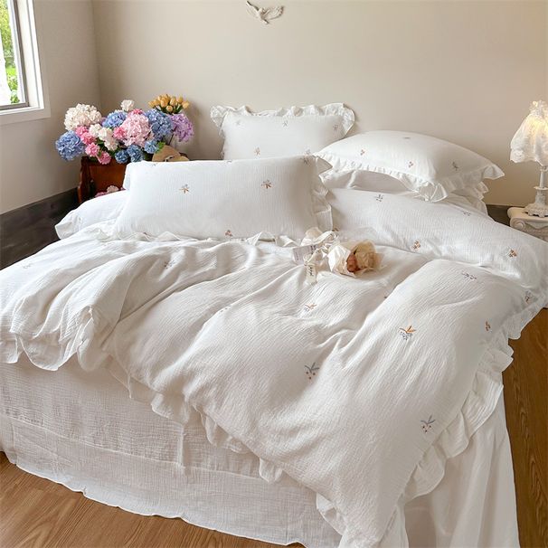 Wholesale INS French Country Style Soft Wrinkled Double Layer Gauze 4-Piece Ruffled Pure Cotton Floral Four-Piece Set_maomaolike.com