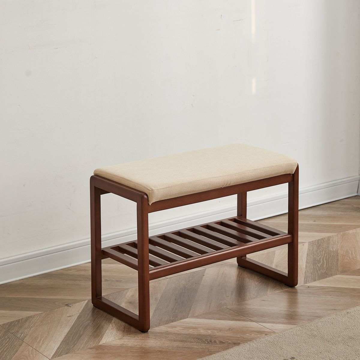 (Walnut Color) Solid Wood Shoe Bench, Beech Wood Storage Rack Organizer With High Rebound Sponge Cushion_maomaolike.com