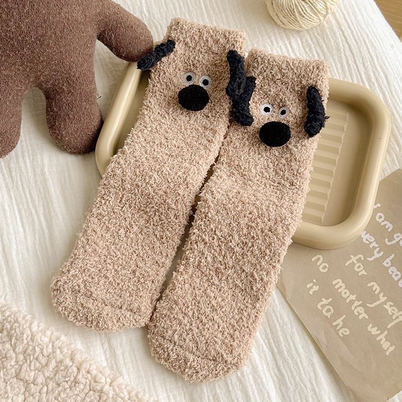 Coral Fleece Socks Women Winter Cute Cartoon Puppy Middle tube Socks Thick Warm Winter Home Sleeping Floor Socks_maomaolike.com