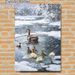 Winter Duck Family Painting Poster, Realistic Oil Painting Style Poster, Peaceful Snowing Pond Scene With Ducklings And Water Lilies, Ideal For Living_maomaolike.com
