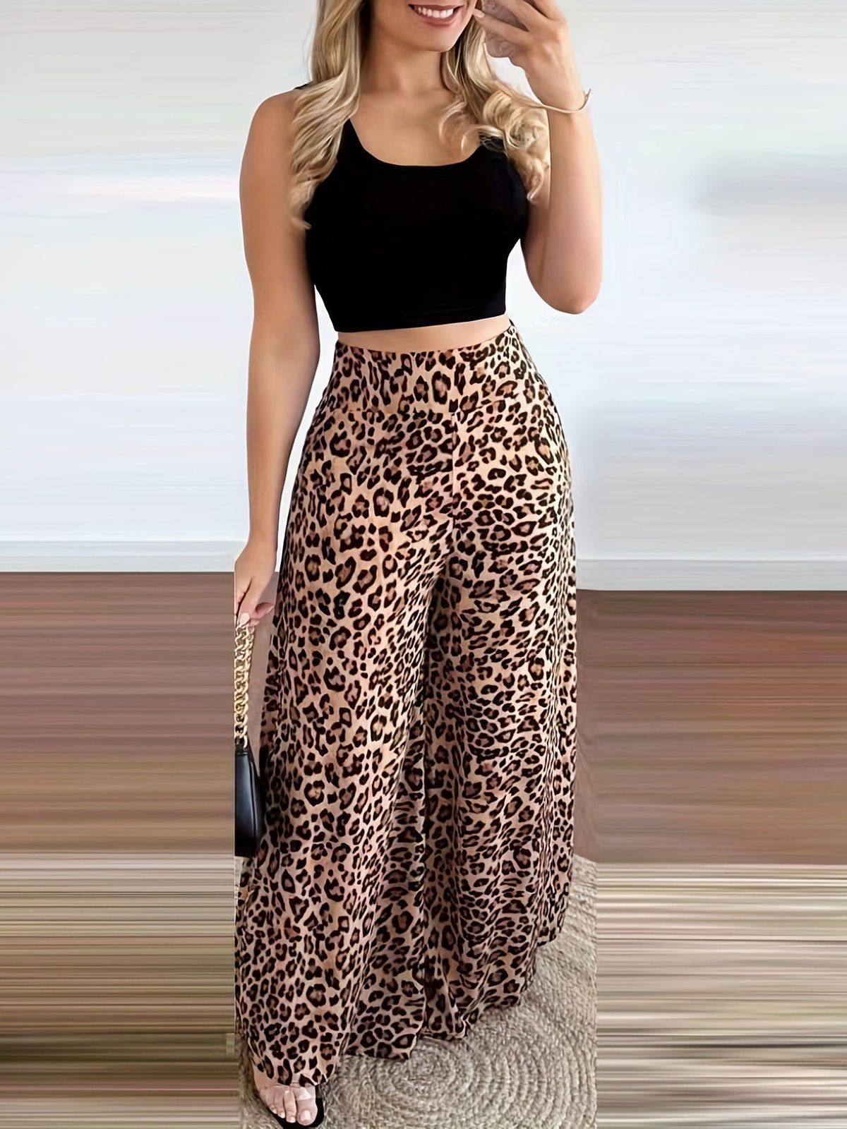 Women's Clothing Elegant print belted tank top leopard print high-waisted wide-leg pant suit_maomaolike.com