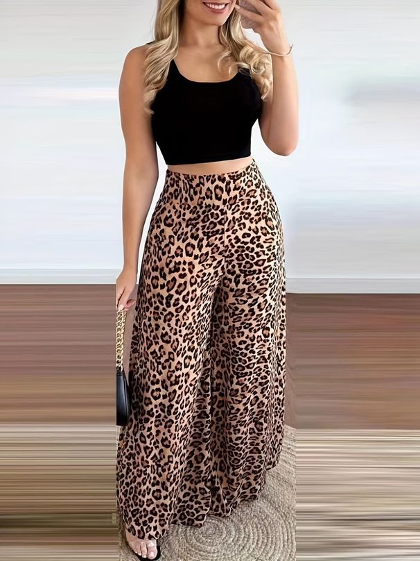 Women's Clothing Elegant print belted tank top leopard print high-waisted wide-leg pant suit_maomaolike.com