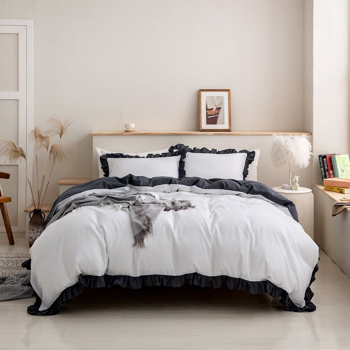 Luxury Ruffled Duvet Cover With Patchwork Patterns - Soft Milled Velvet, Active Dyed Colors, Multi-Color Options_maomaolike.com